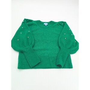 Chic Green Crew Neck Sweater with Pearl Details